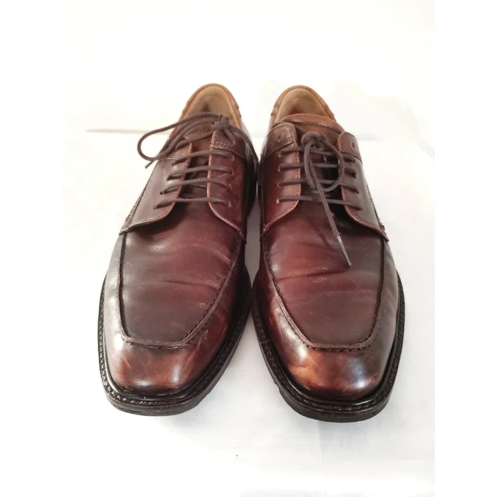 Ecco Brown Leather Lace Tie Almond Toe Derby 43 US 9.5 Preppy Oxford Dress Shoes